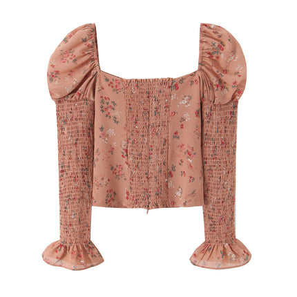 Women Early Spring Floral Printed Sexy Square Collar Slimming Elastic Puff Sleeve Shirt