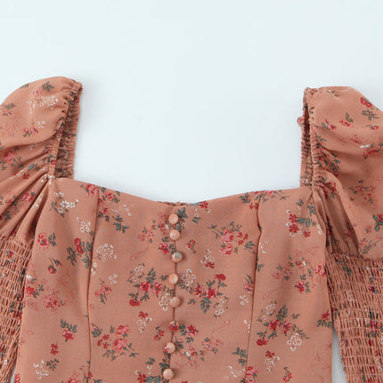 Women Early Spring Floral Printed Sexy Square Collar Slimming Elastic Puff Sleeve Shirt