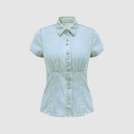Slim Waist Trimming Short Sleeved Denim Shirt Single Breasted Top Women Slim White Elegant Simple Temperamental All Match