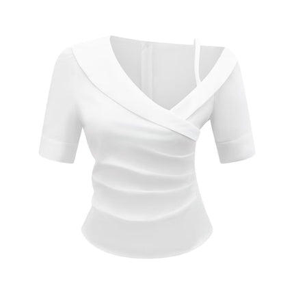 Pleated Design Summer White Short Sleeve Shirt Slim Fit Slim Fit Top