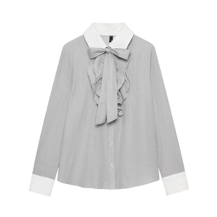 Women Clothing Western Bow Decoration Striped Stitching Shirt