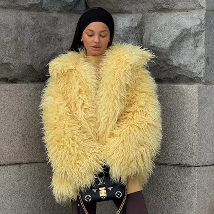 Yellow Plush Coat Faux Fur Environmental Protection Fur Coat Women Oversise Wear Top