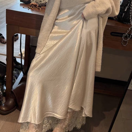 Satin Acetate Lace Patchwork Slit Skirt Long Skirt