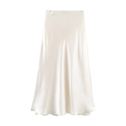Satin Acetate Lace Patchwork Slit Skirt Long Skirt