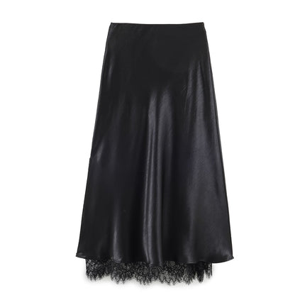 Satin Acetate Lace Patchwork Slit Skirt Long Skirt