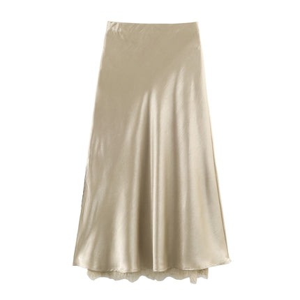Satin Acetate Lace Patchwork Slit Skirt Long Skirt