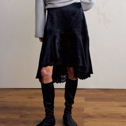 Fashionable Satin Lace Irregular Asymmetric Elegant Stitching Hem Skirt