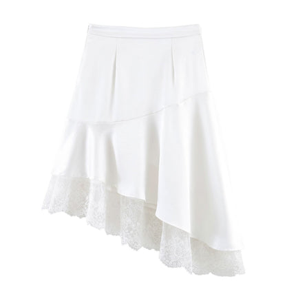 Fashionable Satin Lace Irregular Asymmetric Elegant Stitching Hem Skirt