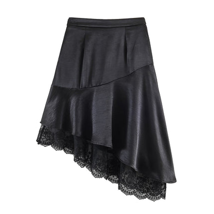 Fashionable Satin Lace Irregular Asymmetric Elegant Stitching Hem Skirt