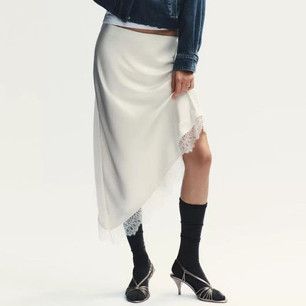 Women Clothing Spring Sexy Satin Acetate Lace Stitching Irregular Asymmetric Skirt