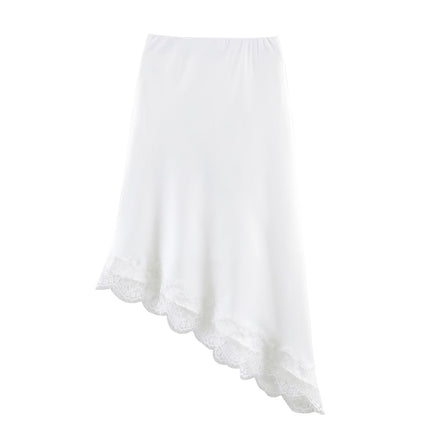 Women Clothing Spring Sexy Satin Acetate Lace Stitching Irregular Asymmetric Skirt