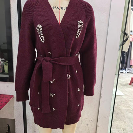 Women Autumn Winter Jewelry Bead Knitted Cardigan