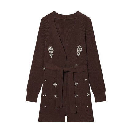 Women Autumn Winter Jewelry Bead Knitted Cardigan