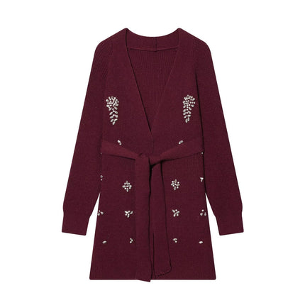 Women Autumn Winter Jewelry Bead Knitted Cardigan