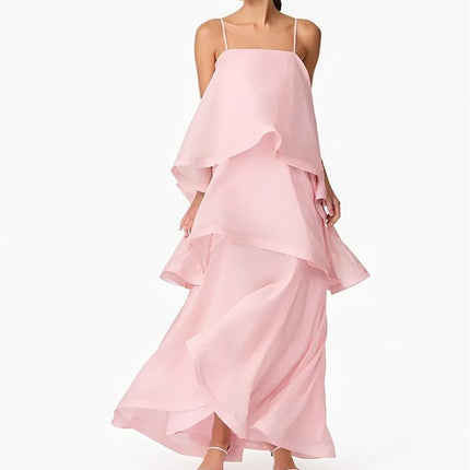 Fashionable Elegant Pink Multi Layer Wave Ruffled Spaghetti Straps Dress