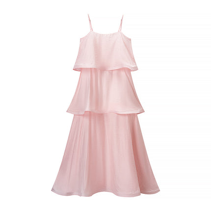 Fashionable Elegant Pink Multi Layer Wave Ruffled Spaghetti Straps Dress