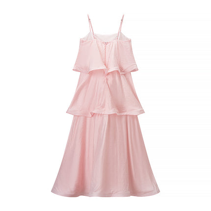Fashionable Elegant Pink Multi Layer Wave Ruffled Spaghetti Straps Dress