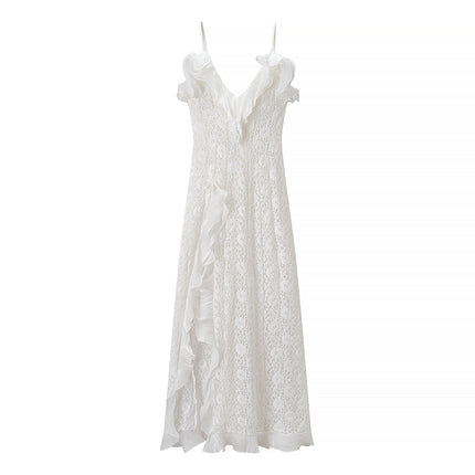 Women Clothing Autumn Sexy V neck Backless Wave Organ Ruffled Spaghetti Straps Dress
