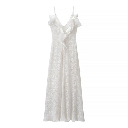 Women Clothing Autumn Sexy V neck Backless Wave Organ Ruffled Spaghetti Straps Dress
