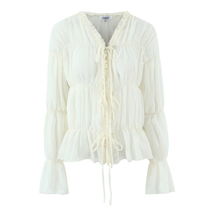 Gentle Pleated Lace up Chiffon Shirt Women Spring Loose Long Sleeve V neck Ruffled Chic Top