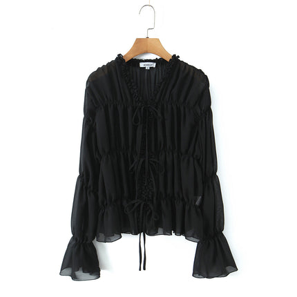 Gentle Pleated Lace up Chiffon Shirt Women Spring Loose Long Sleeve V neck Ruffled Chic Top