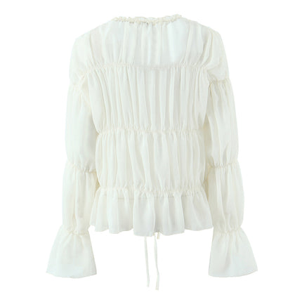 Gentle Pleated Lace up Chiffon Shirt Women Spring Loose Long Sleeve V neck Ruffled Chic Top