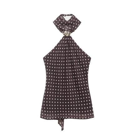 Women Clothing Spring Backless Polka Dot Accessories Hanging Collar Top