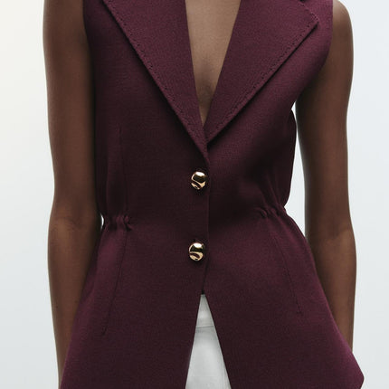 Women Pleated Collared Sleeveless Knitted Vest Jacket