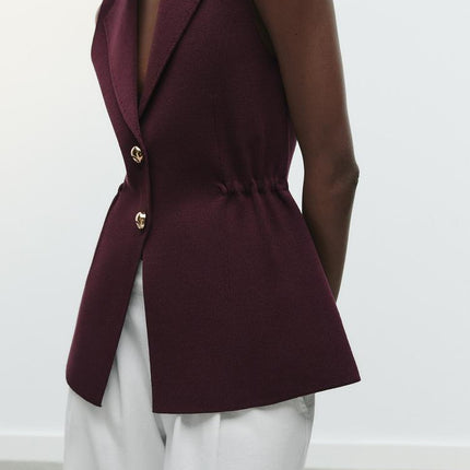 Women Pleated Collared Sleeveless Knitted Vest Jacket