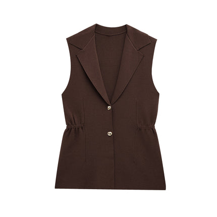Women Pleated Collared Sleeveless Knitted Vest Jacket