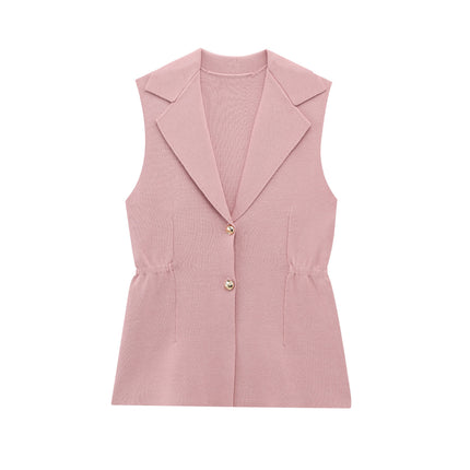 Women Pleated Collared Sleeveless Knitted Vest Jacket
