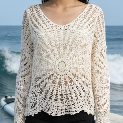 Women Summer Openwork Lace Knit Long Sleeved Sun Protective Cover Up Top