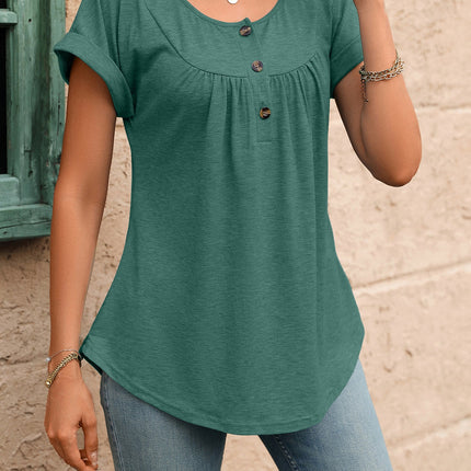 Summer Solid Color round Neck Button Loose Short Sleeve T shirt Top Women