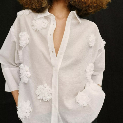 Women Clothing Summer Polo Collar Embossed Floral Vertical Shirt