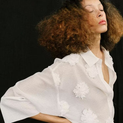 Women Clothing Summer Polo Collar Embossed Floral Vertical Shirt