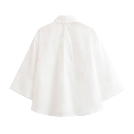 Women Clothing Summer Polo Collar Embossed Floral Vertical Shirt