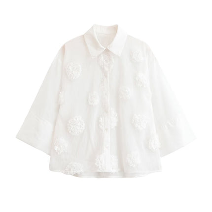 Women Clothing Summer Polo Collar Embossed Floral Vertical Shirt