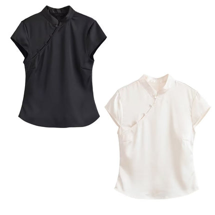 Spring Women Sexy Sexy Button Decoration Silk Satin Top