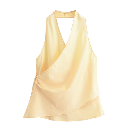 Summer Top Product Graceful Satin Irregular Asymmetric Sleeveless Halter Easy Matching Sling Top
