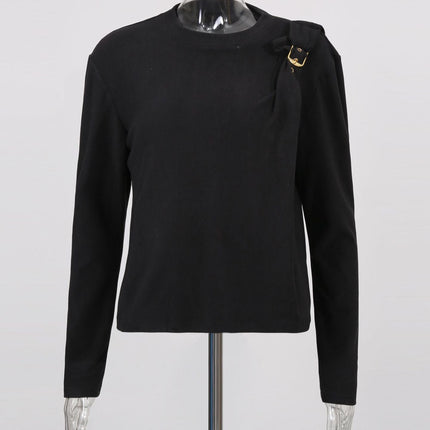 Elegant Top Epaulet Design Bottoming Black T shirt Women