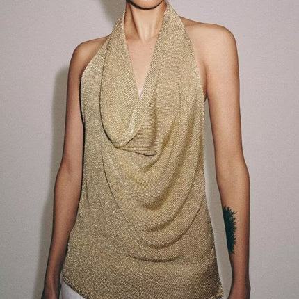Women Clothing Summer Sexy Metal Color Line Hanging Collar Top