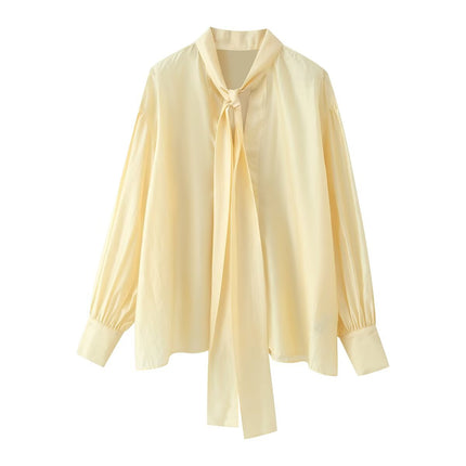 Women Clothing Sweet V neck Long Sleeve Bowknot Straight Hem Shirt
