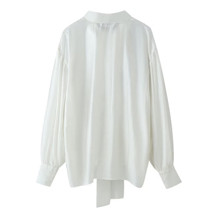 Women Clothing Sweet V neck Long Sleeve Bowknot Straight Hem Shirt