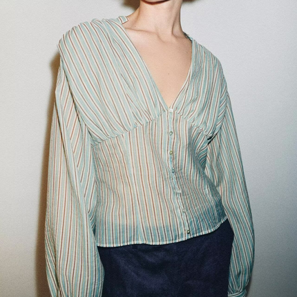 Women Clothing Top Product V neck Casual Stripes Waist Trimming Shirt
