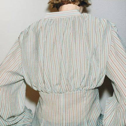 Women Clothing Top Product V neck Casual Stripes Waist Trimming Shirt
