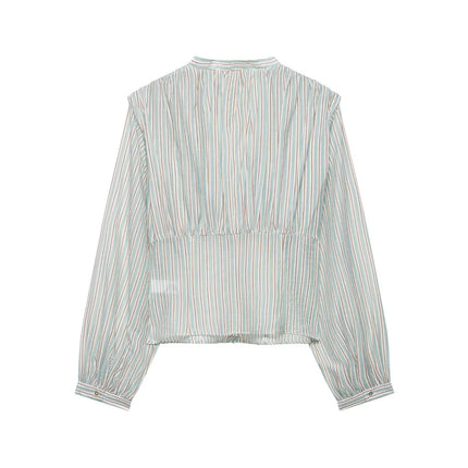 Women Clothing Top Product V neck Casual Stripes Waist Trimming Shirt