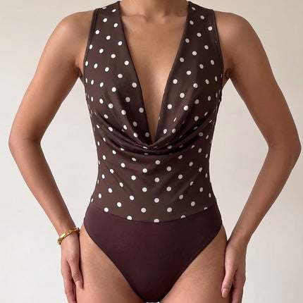 Retro Lightly Mature Polka Dot Deep V Plunge Swing Collar Sleeveless Leotard