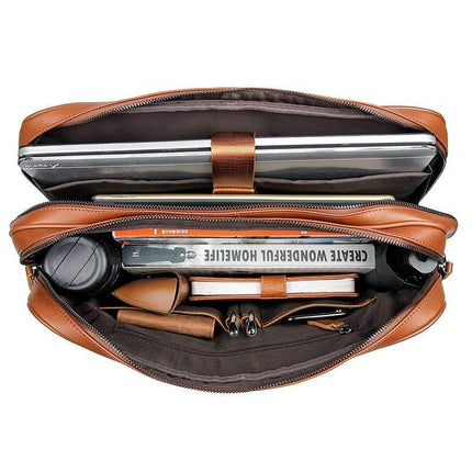 Double-Layer Zipper Bag With Tree Cream Leather Briefcase