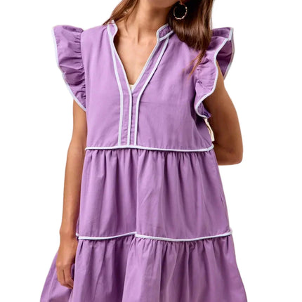 Womens Casual Babydoll Dress Flutter Sleeve Tiered Mini Purple V Neck White Trim Summer Ruffle Detail