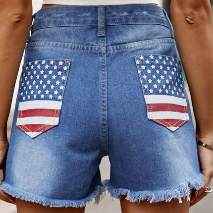 American Flag Raw Hem Denim Shorts with Pockets